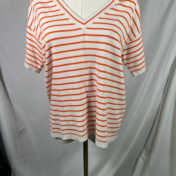 Ann Taylor Orange White Striped V-Neck Sweater Top Size‎ S SP22 Short Sleeve - Picture 15 of 15